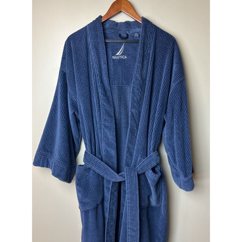 Vintage 90s Nautica Mens Robe One Size Navy Blue Turkish Cotton Terry Belted